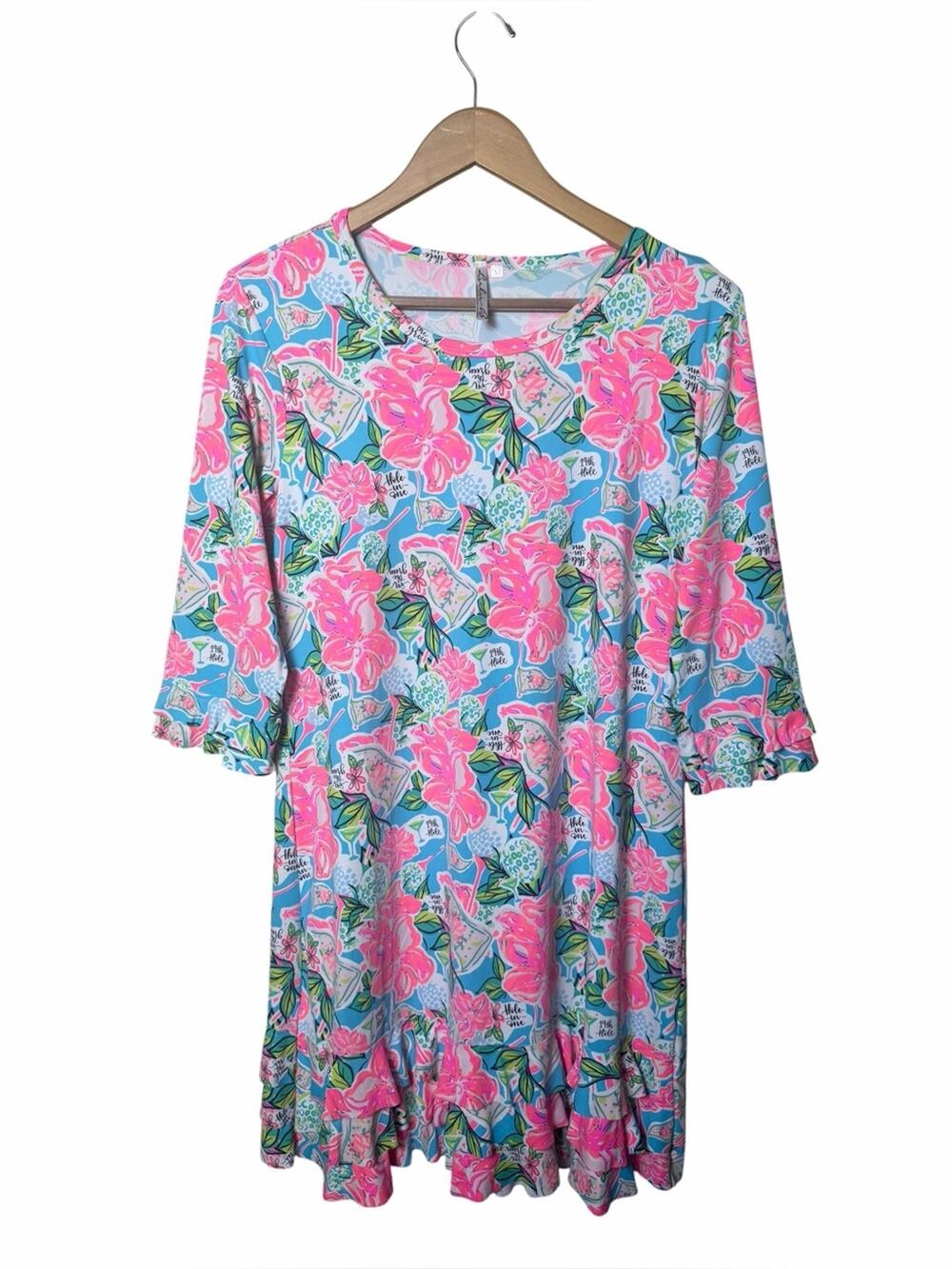 Lulu-B 19th Hole Golf Cocktail Floral Ruffle Dress Pink Blue Medium